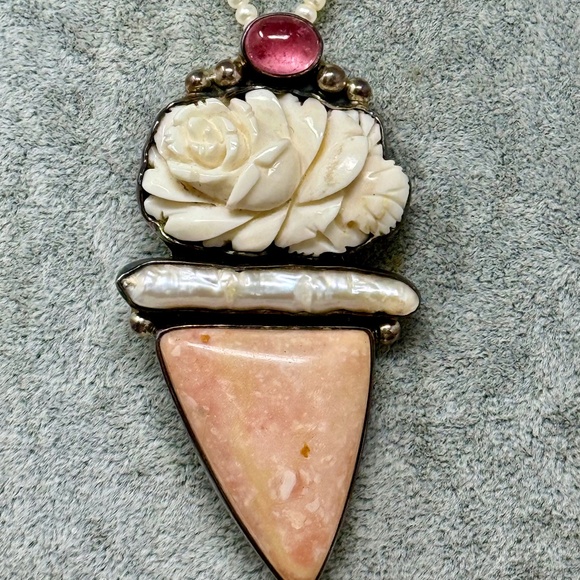 big pendant pin brooch Amy Kahn Russel stylized ice cream pink tourmaline pearl